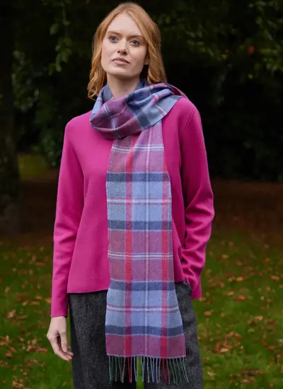Long Lambswool Fringed Scarf in Pink Purple Check
